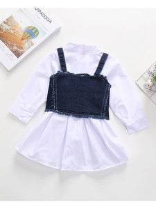 2 piece Trendy Girls White Shirt Dress with Denim Corset Belt Vest