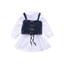 Load image into Gallery viewer, 2 piece Trendy Girls White Shirt Dress with Denim Corset Belt Vest
