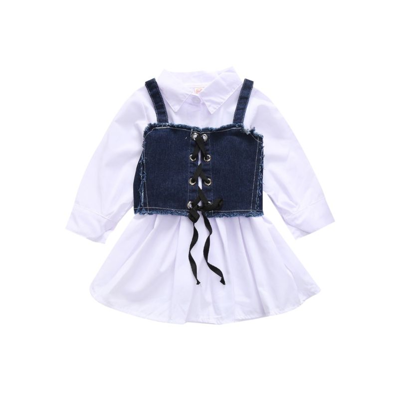 2 piece Trendy Girls White Shirt Dress with Denim Corset Belt Vest